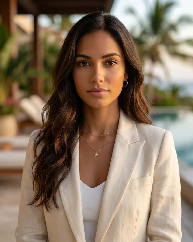 Sophia, an AI-generated KlipGo star who covers luxury travel.