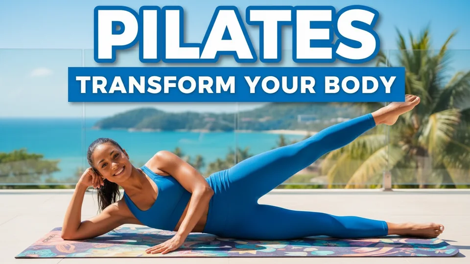 Thumbnail: a woman doing pilates by the sea, titled “Pilates — transform your body”.