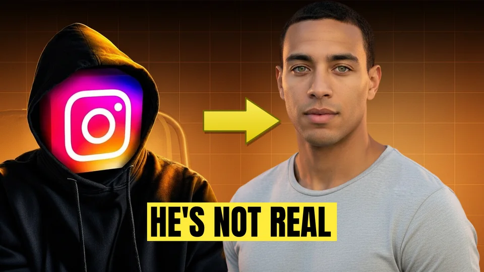 Thumbnail: a hooded figure with an Instagram logo for a face, an arrow pointing to a man, captioned “He’s not real”.