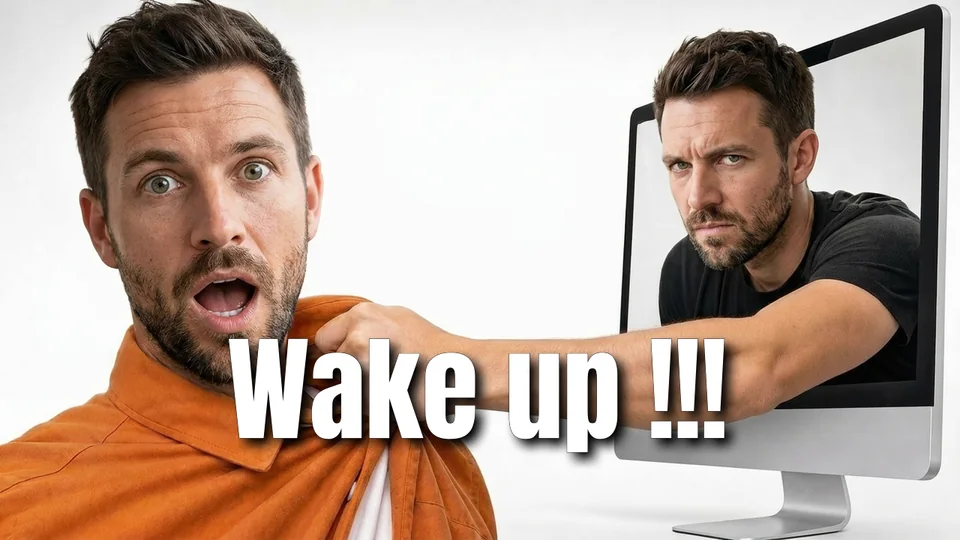 Thumbnail: a shocked man in orange next to himself glaring from a monitor, captioned “Wake up !!!”.