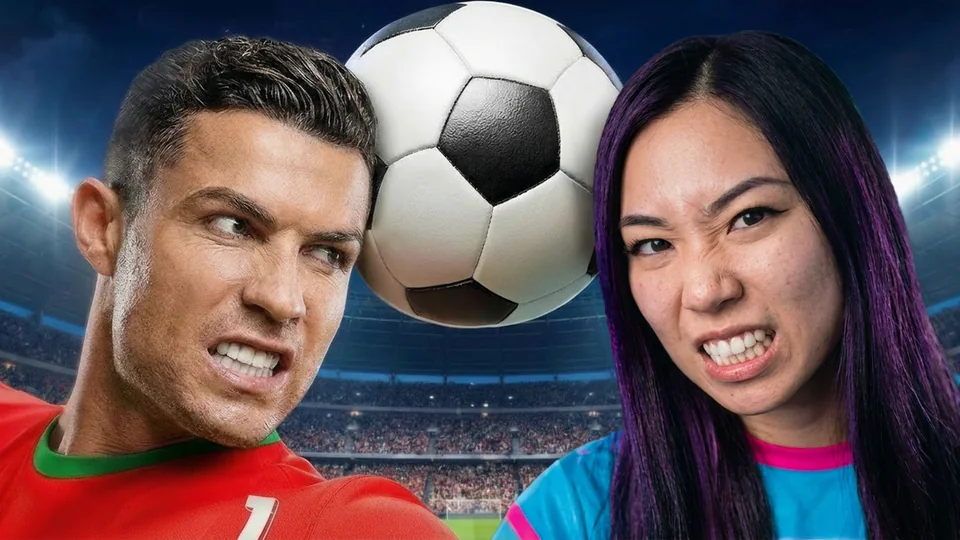 Thumbnail: two gritted-teeth faces either side of a football in a floodlit stadium.