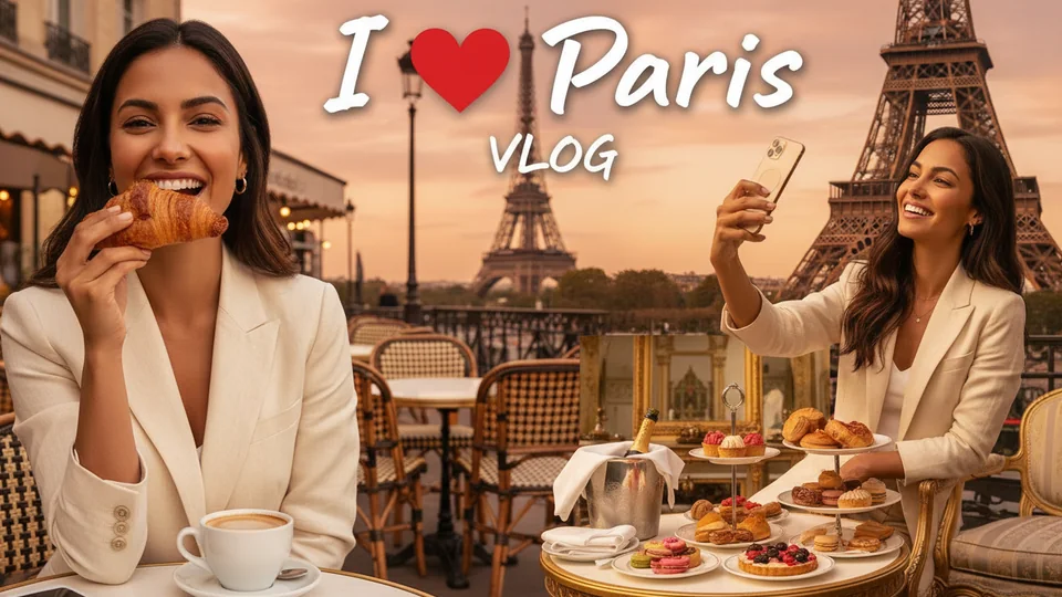 Thumbnail: a woman with a croissant and the Eiffel Tower at sunset, titled “I love Paris — vlog”.