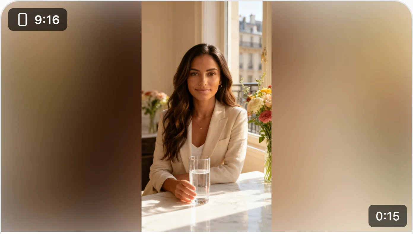 A finished vertical KlipGo video: a woman at a sunlit Paris window, 15 seconds long.